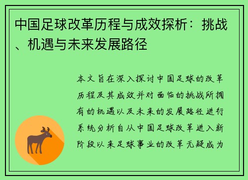 中国足球改革历程与成效探析：挑战、机遇与未来发展路径