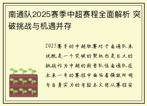 南通队2025赛季中超赛程全面解析 突破挑战与机遇并存